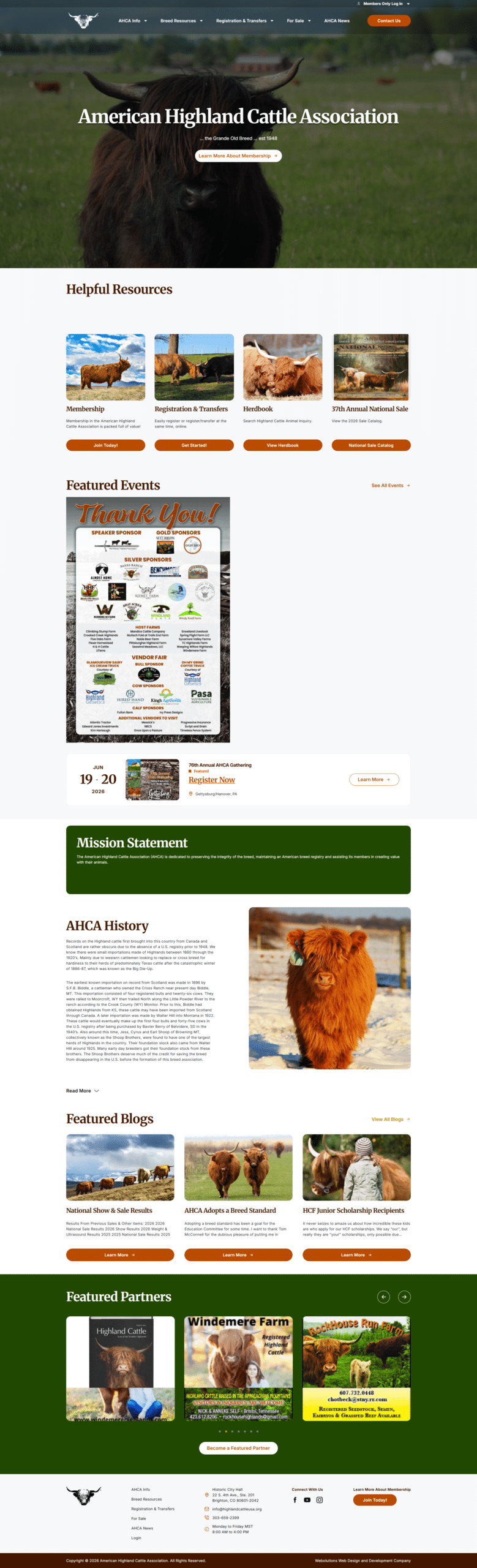 American Highland Cattle Association website redesign featuring a modern homepage, Highland cattle photography, helpful member resources, featured events, blogs, partners, and member-focused navigation.