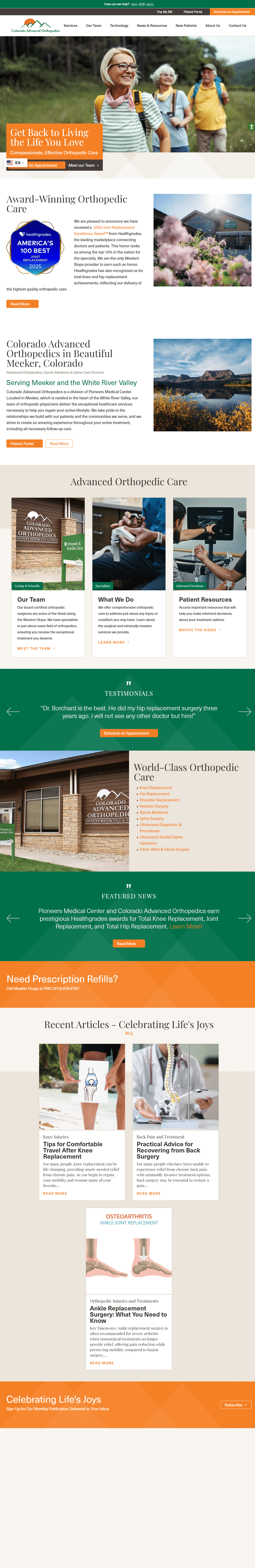 Full-page view of the Colorado Advanced Orthopedics website designed by Webolutions, showcasing patient-focused orthopedic care