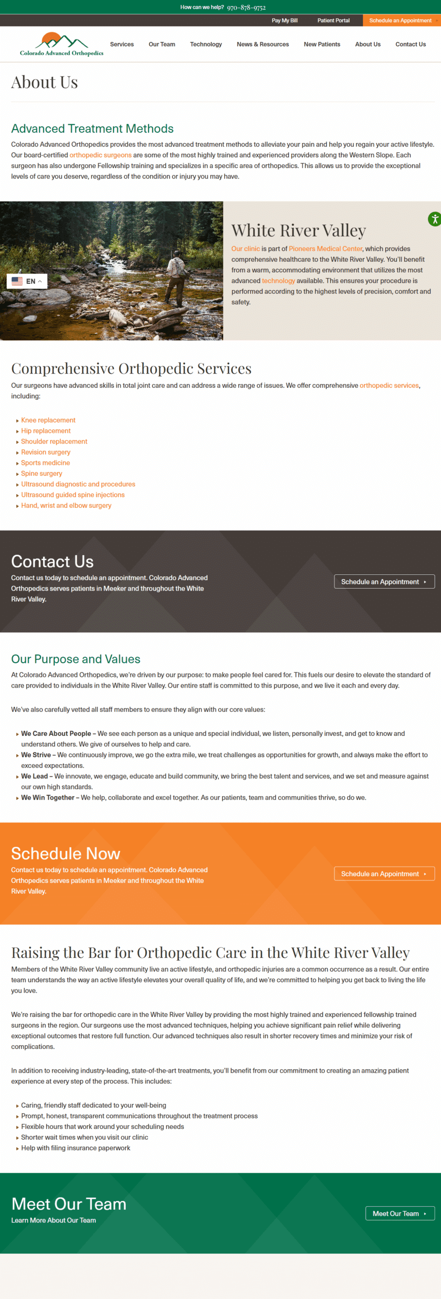 Colorado Advanced Orthopedics About Us page highlighting advanced treatments, core values, and orthopedic care in the White River Valley