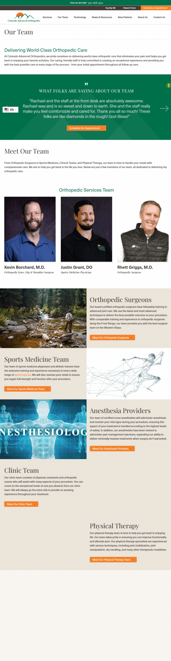 Colorado Advanced Orthopedics team page featuring orthopedic surgeons, sports medicine, anesthesia, and physical therapy experts