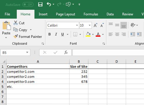 Excel example column B site size