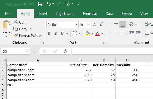 Excel example columns C and D domains backlinks