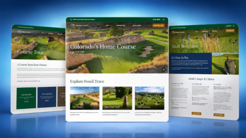 Fossil Trace Golf Club website redesign featured image showing homepage, course tour, and adult programs page mockups with Colorado golf course photography and modern responsive web design.