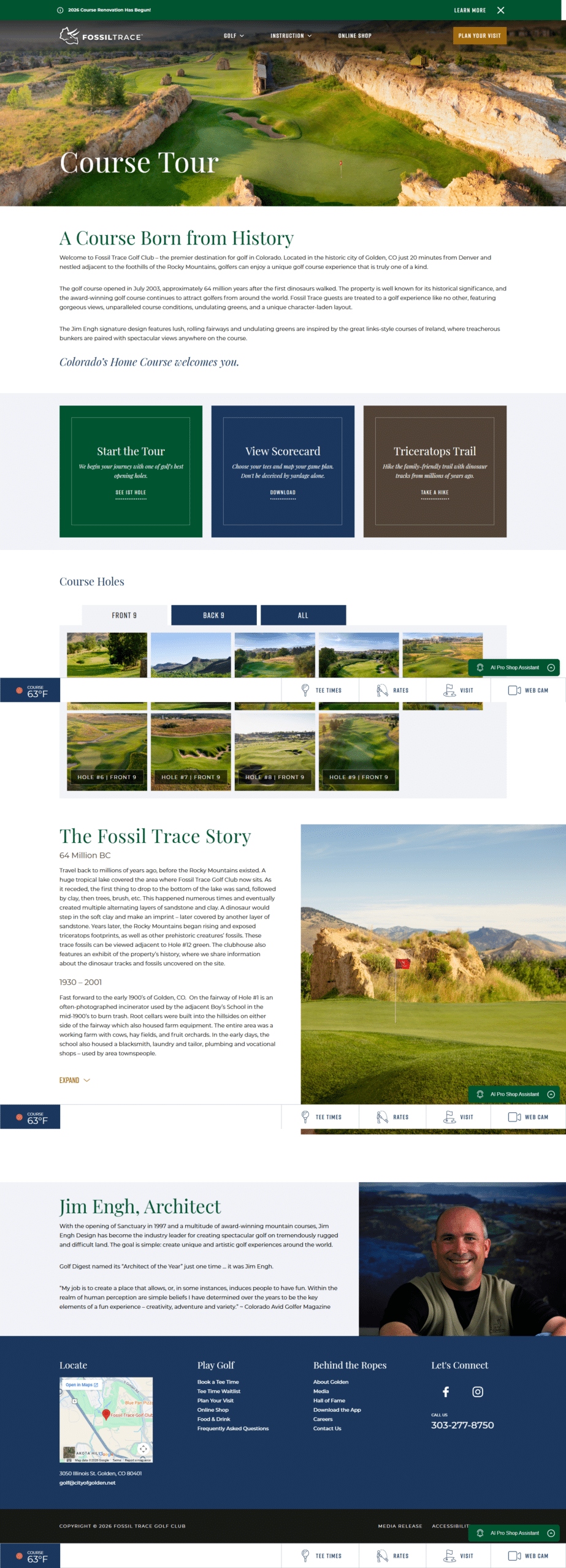 Fossil Trace Golf Club course tour page showing Colorado golf course photography, course holes, scorecard access, triceratops trail information, golf history, and visitor resources in Golden, Colorado.