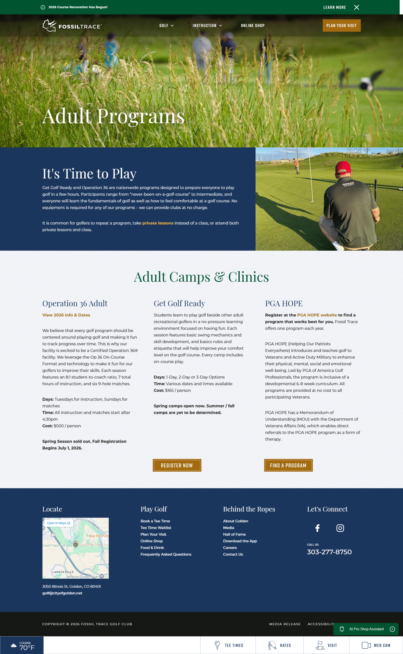 Fossil Trace Golf Club adult programs page showing golf instruction, adult camps and clinics, PGA HOPE information, registration options, and visitor resources in Golden, Colorado.