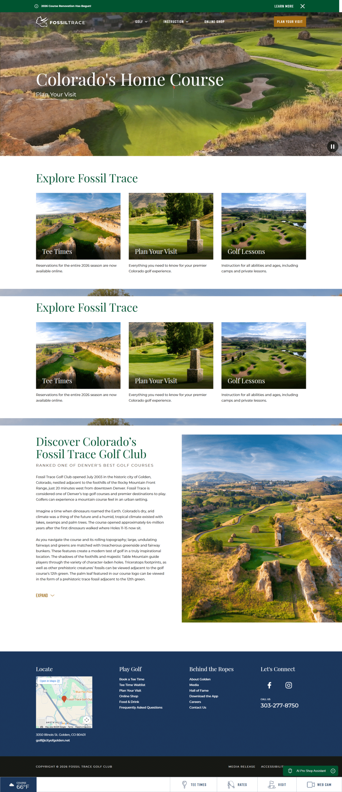 Fossil Trace Golf Club homepage showing Colorado golf course photography, tee time links, visitor planning resources, golf lessons, course information, and footer navigation for Golden, Colorado golfers.