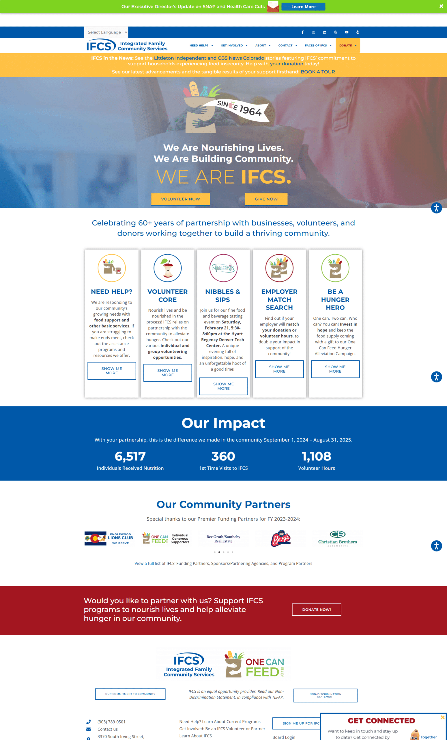 Integrated Family Community Services homepage highlighting food access, volunteer programs, and community impact in the Denver metro area