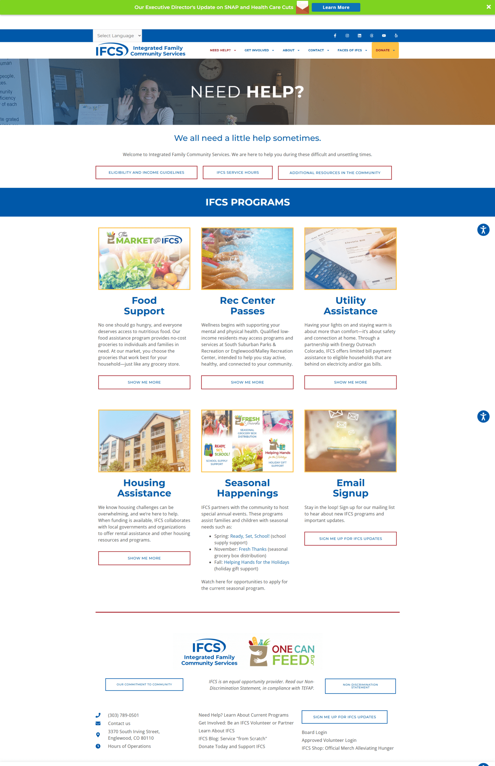 Integrated Family Community Services Need Help page highlighting food support, housing assistance, utility aid, and community programs