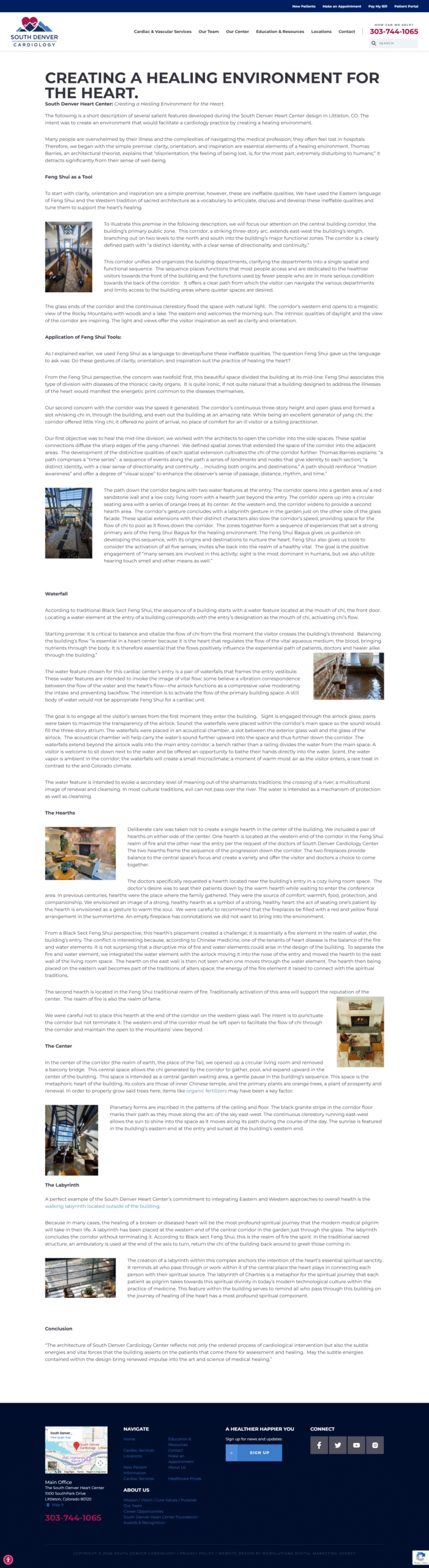 South Denver Cardiology interior and architectural design page explaining the healing environment and patient-centered cardiac facility layout in Littleton, Colorado