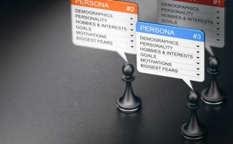 User persona marketing concept. Pawns and speech bubbles with persona description over black background