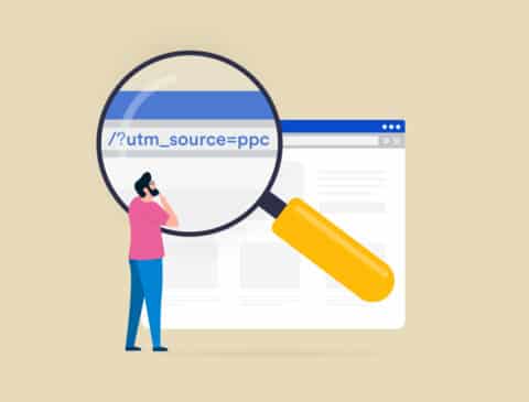 illustration of a man examining a UTM tracking code with a magnifying glass