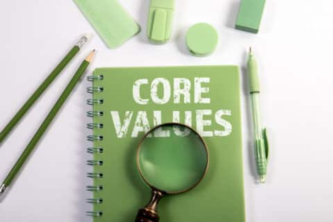 conceptual image with core values written on a notebook
