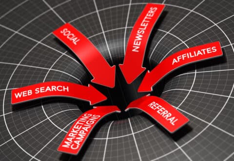 3D illustration of a conversion funnel with multi channel entry. 