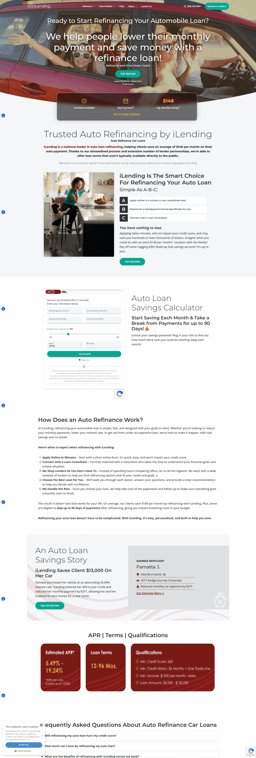 Full-page screenshot of the iLending car loan refinancing website, designed by Webolutions to showcase the You First Approach™ with a user-friendly layout, clear calls to action, savings calculator, and empowering messaging focused on lowering monthly payments and improving financial well-being.