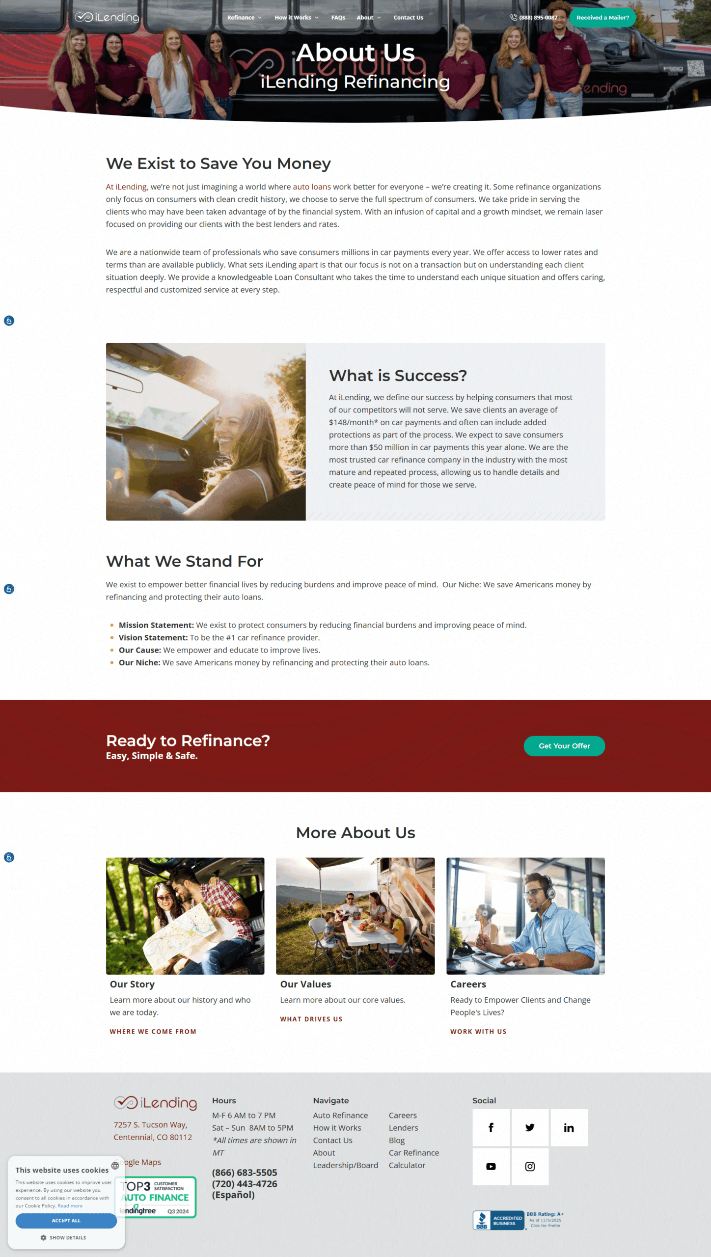 Full-page screenshot of the iLending About Us webpage, featuring the company’s mission, vision, and purpose-driven messaging about empowering consumers to save money through auto loan refinancing, with visuals of real team members and clients reflecting the You First Approach™ and trusted national service values.