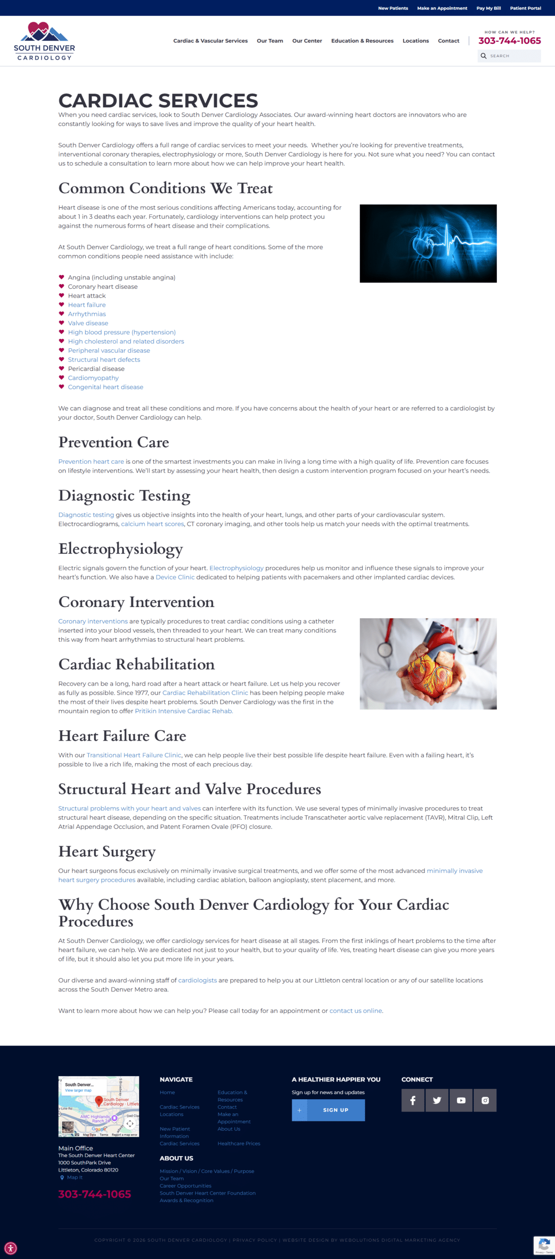 South Denver Cardiology cardiac services page outlining heart conditions treated, diagnostic testing, interventional cardiology, rehabilitation, and surgical heart care in Denver, Colorado